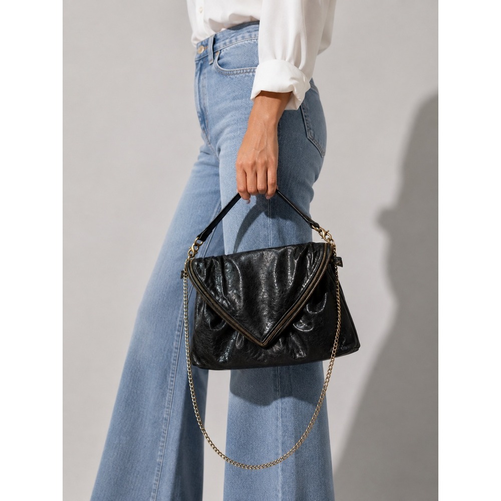 Matt & Nat‎ Black Vegan Leather Foldover Crossbody Bag Antique Brass Chain Strap